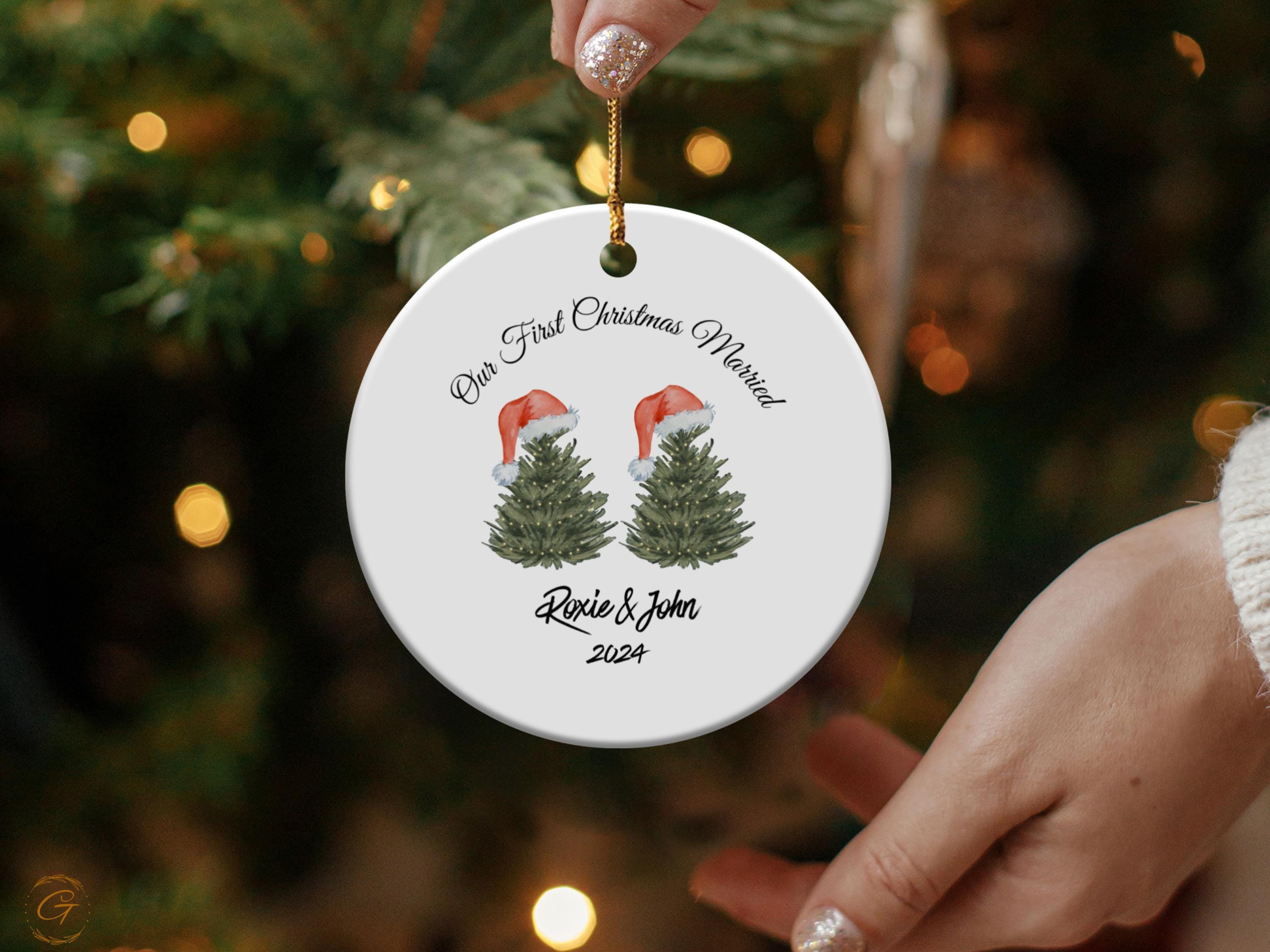 Personalized First Christmas Married Ornament, Anniversary Keepsake Gift, Christmas Tree Design with Santa Hats 24 Edition, Holiday Keepsake