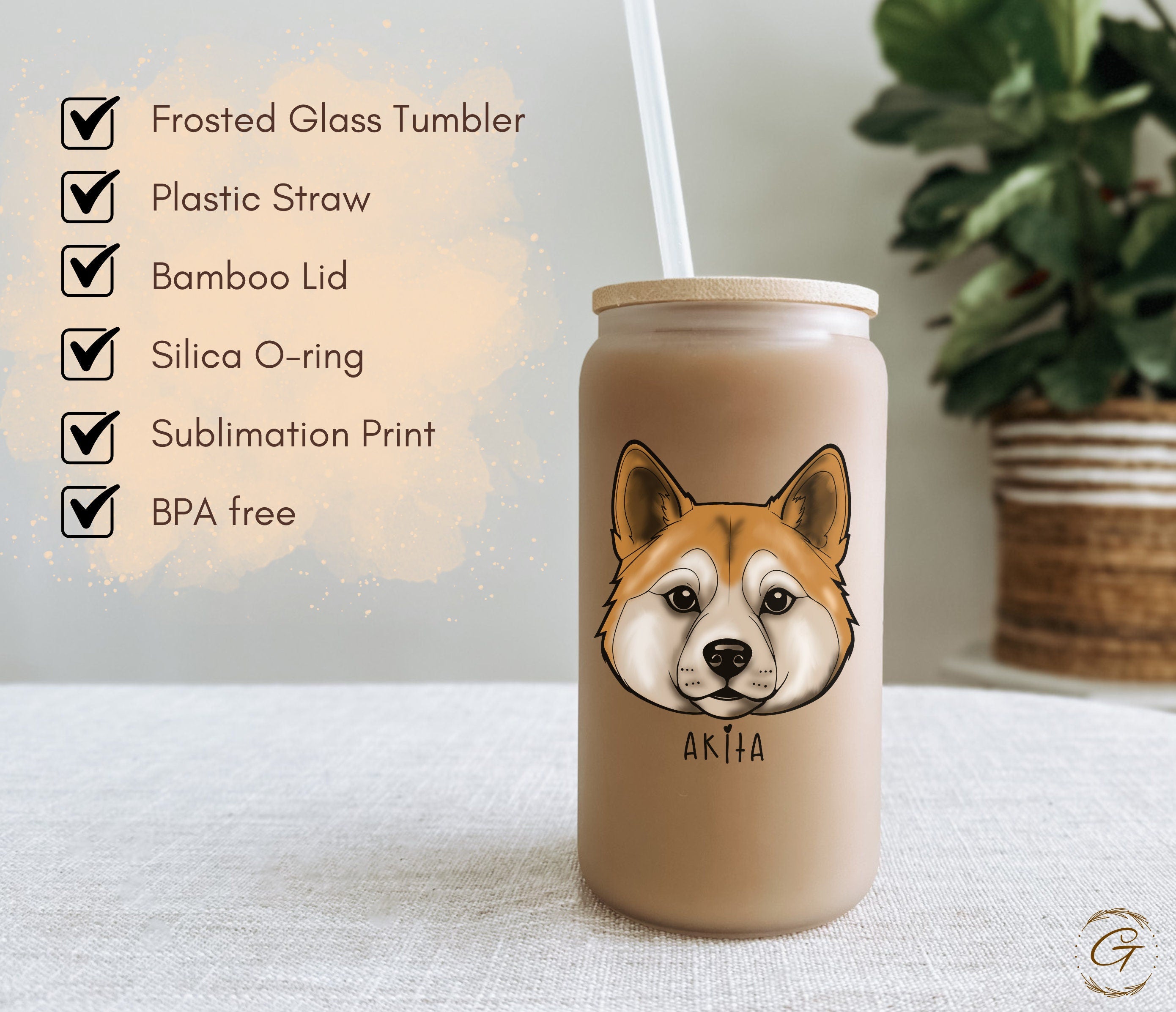 Akita Design Frosted Glass Tumbler with Personalized Name, Unique Dog Lover Gift Customized Drinkware for Dog Lover Gift Pet Lover Drinkware