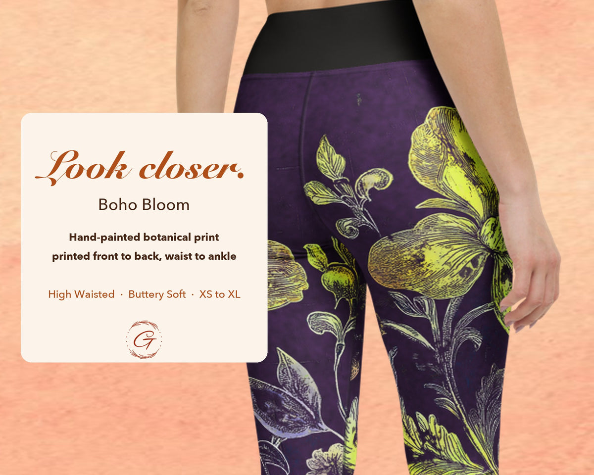 Purple Boho Floral Leggings for Women, Gold Flower Yoga Pants, High Waisted Workout Leggings, Botanical Print Gift for Her