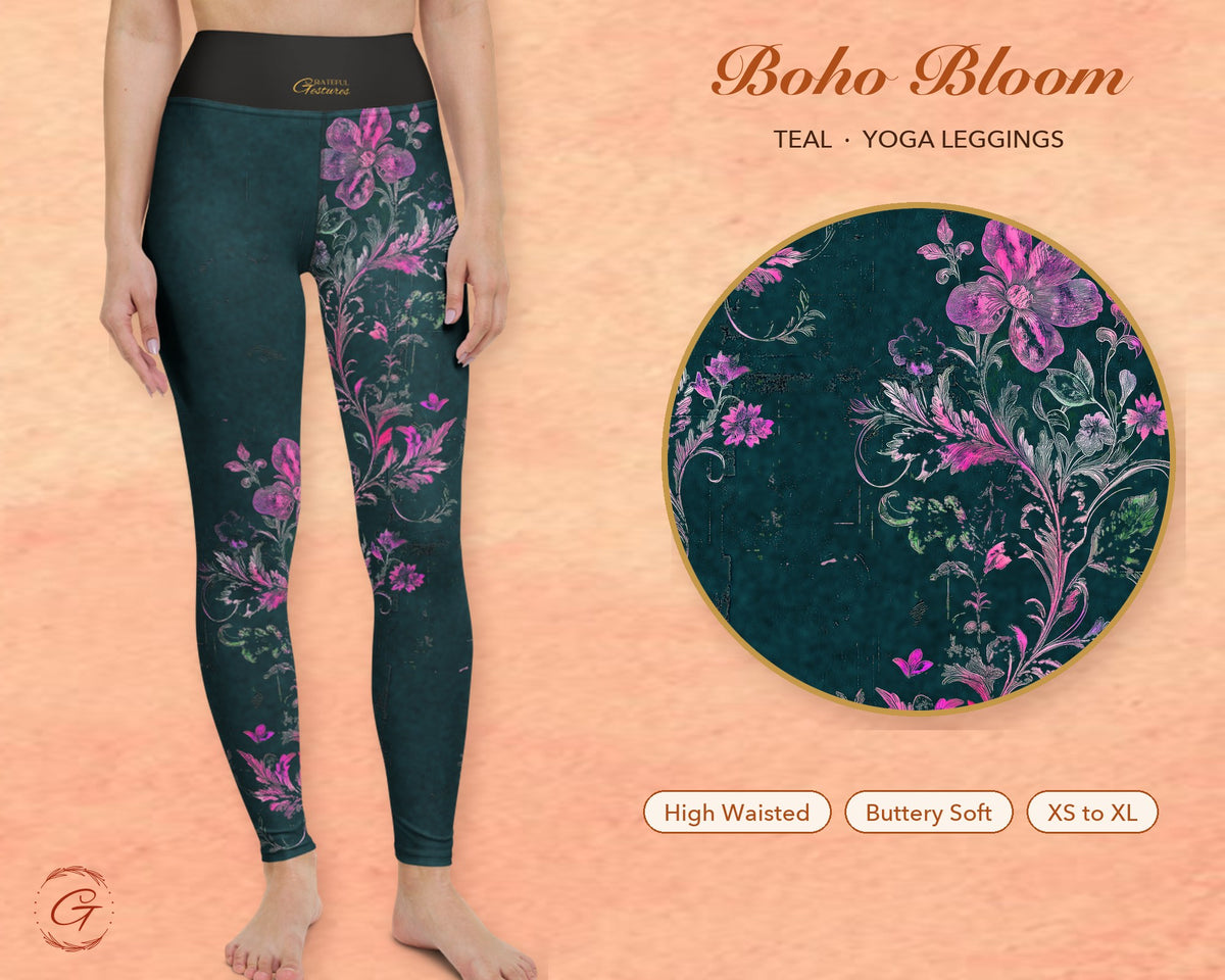 Teal Boho Floral Leggings for Women, Pink Flower Yoga Pants, High Waisted Workout Leggings, Botanical Print Gift for Her