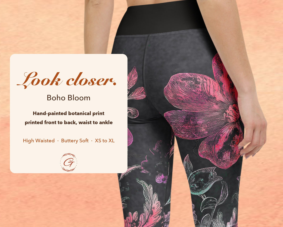 Charcoal Boho Floral Leggings for Women, Rose Pink Flower Yoga Pants, High Waisted Workout Leggings, Botanical Print Gift for Her