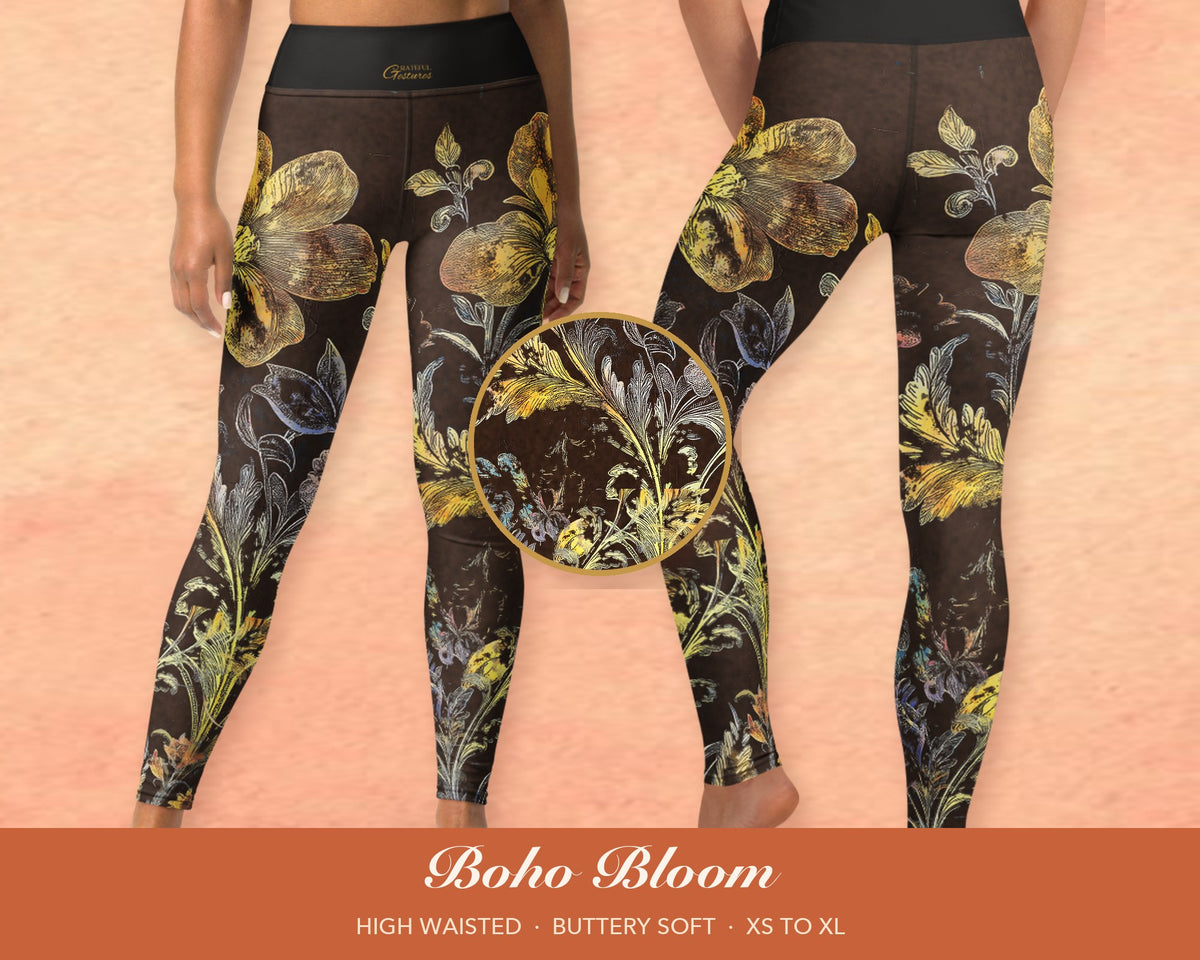 Brown Boho Floral Leggings for Women, Gold Flower Yoga Pants, High Waisted Workout Leggings, Botanical Print Gift for Her