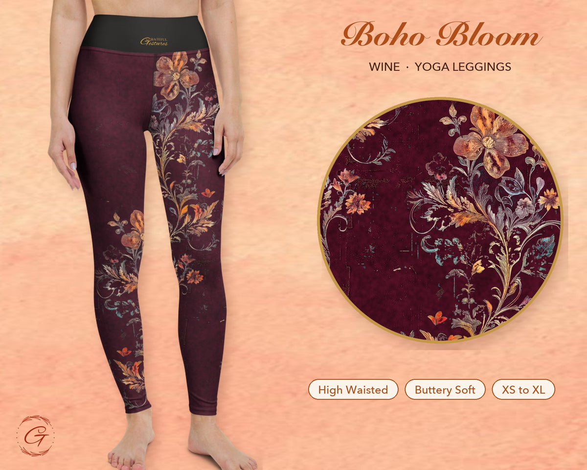 Burgundy Boho Floral Leggings for Women, Autumn Flower Yoga Pants, High Waisted Workout Leggings, Botanical Print Gift for Her