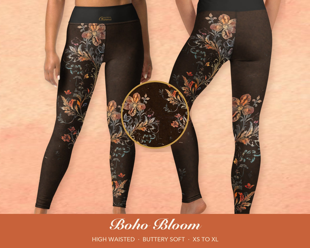 Brown Boho Floral Leggings for Women, Autumn Flower Yoga Pants, High Waisted Workout Leggings, Botanical Print Gift for Her