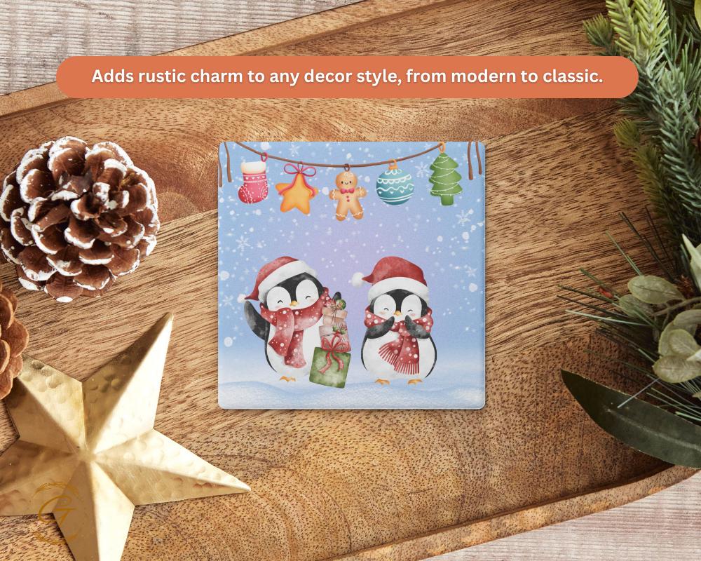 Soapstone Coaster Christmas Penguins Design