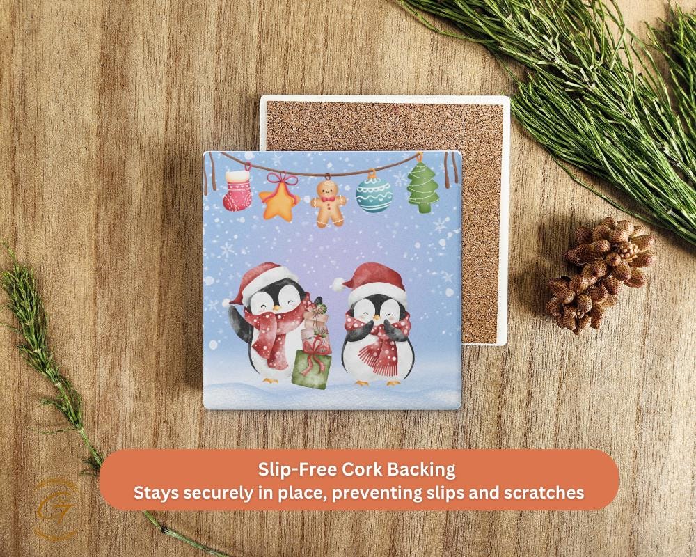 Soapstone Coaster Christmas Penguins Design