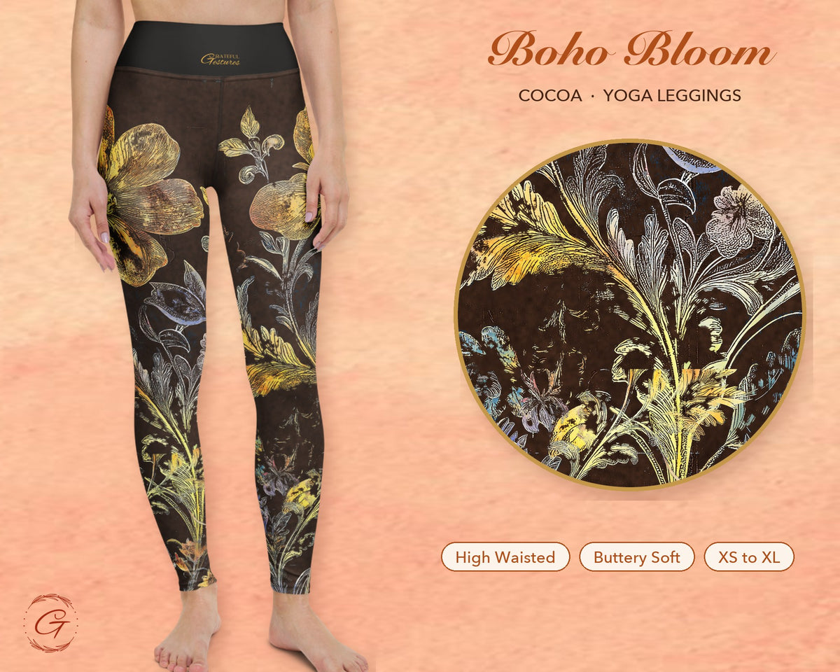 Brown Boho Floral Leggings for Women, Gold Flower Yoga Pants, High Waisted Workout Leggings, Botanical Print Gift for Her
