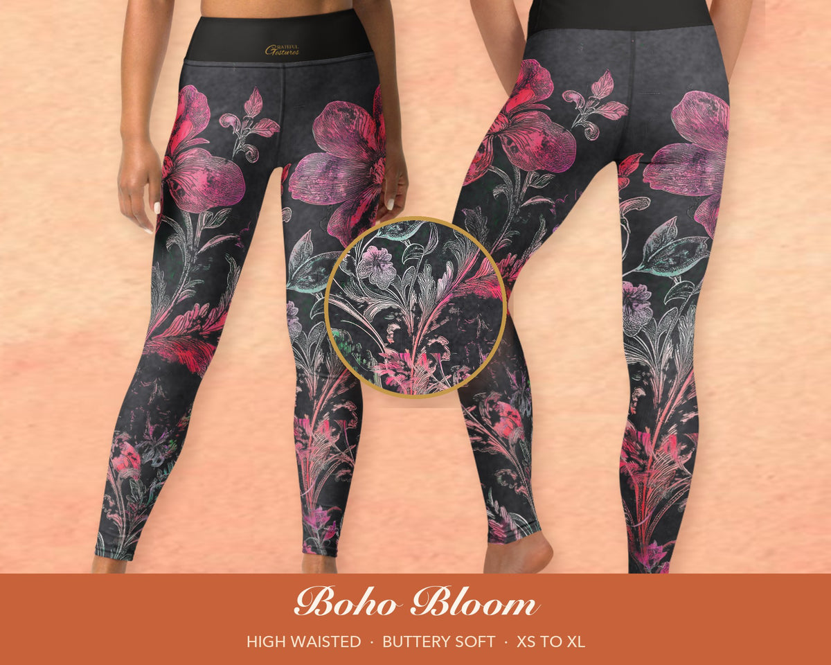 Charcoal Boho Floral Leggings for Women, Rose Pink Flower Yoga Pants, High Waisted Workout Leggings, Botanical Print Gift for Her