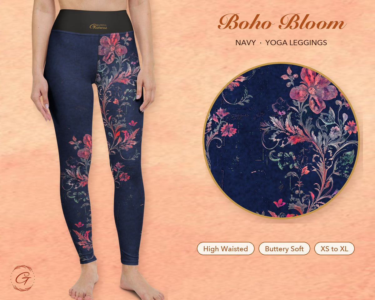 Navy Boho Floral Leggings for Women, Pink Flower Yoga Pants, High Waisted Workout Leggings, Botanical Print Gift for Her