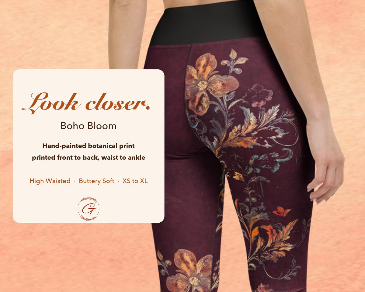 Burgundy Boho Floral Leggings for Women, Autumn Flower Yoga Pants, High Waisted Workout Leggings, Botanical Print Gift for Her