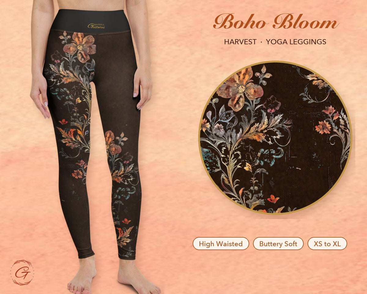 Brown Boho Floral Leggings for Women, Autumn Flower Yoga Pants, High Waisted Workout Leggings, Botanical Print Gift for Her