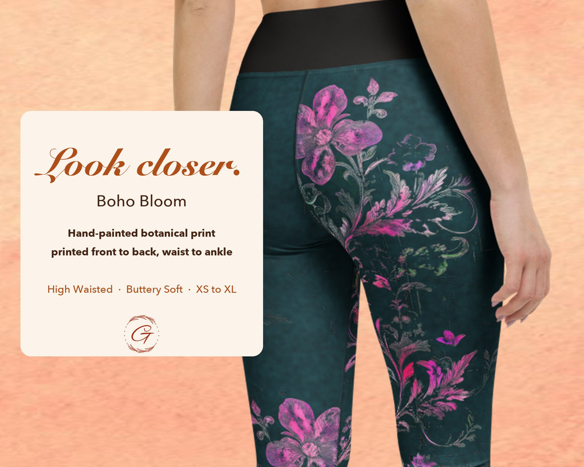 Teal Boho Floral Leggings for Women, Pink Flower Yoga Pants, High Waisted Workout Leggings, Botanical Print Gift for Her