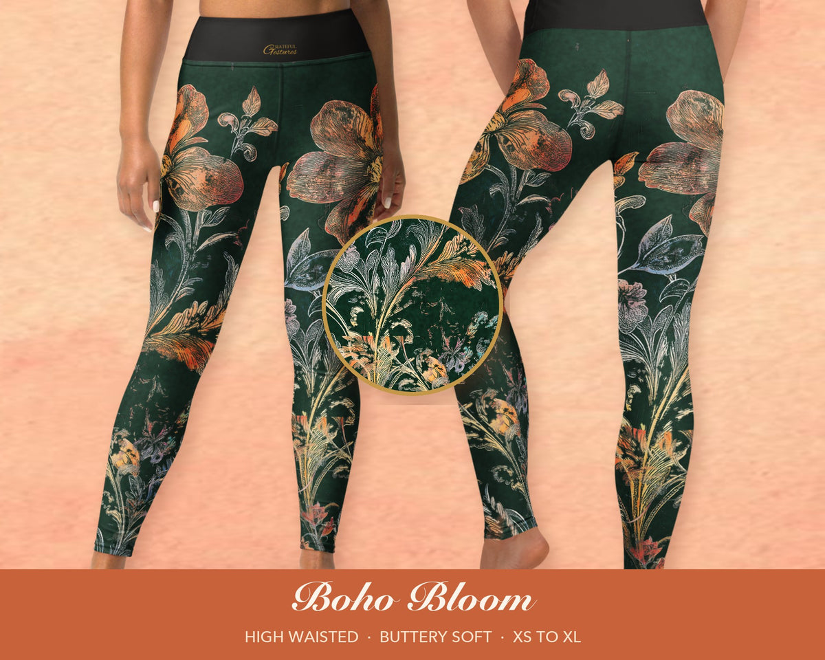 Forest Green Boho Floral Leggings for Women, Peach Flower Yoga Pants, High Waisted Workout Leggings, Botanical Print Gift for Her