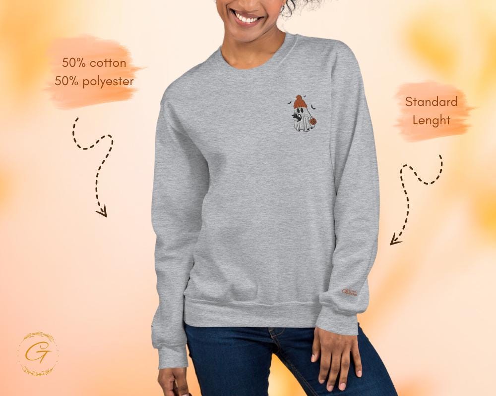 Halloween Sweatshirt Ghost with Cat and Pumpkin Graphic, Halloween Themed Ghost Sweater, Spooky Pumpkin Crewneck Pullover Gift for Halloween