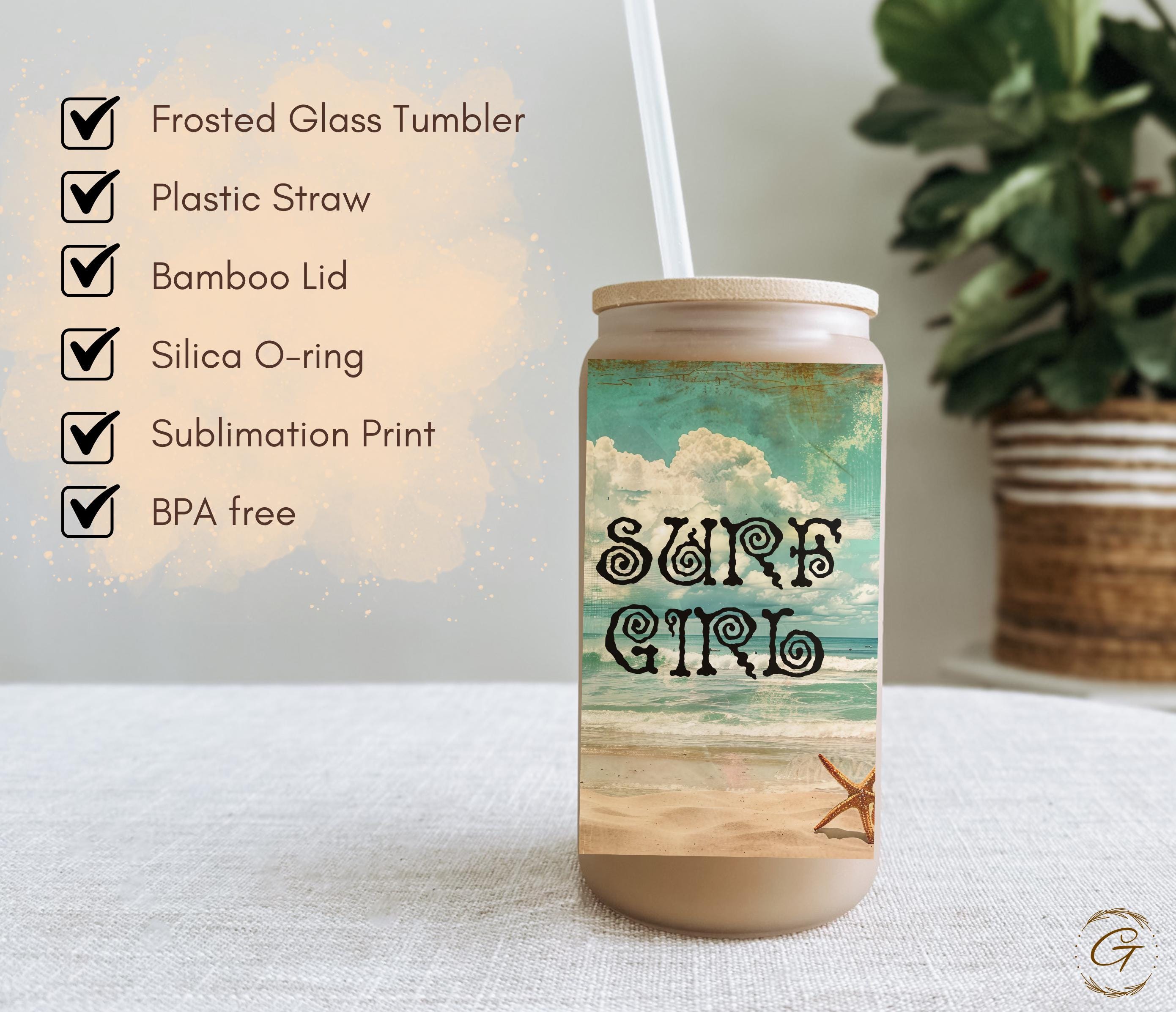 Surf Girl Beach Frosted Glass Cup, Personalized Libbey Cup