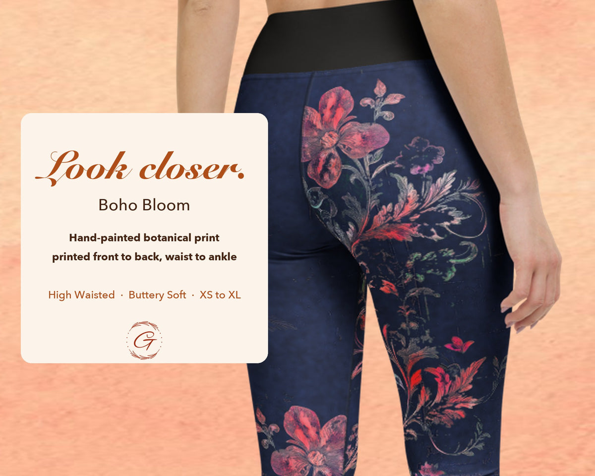 Navy Boho Floral Leggings for Women, Pink Flower Yoga Pants, High Waisted Workout Leggings, Botanical Print Gift for Her