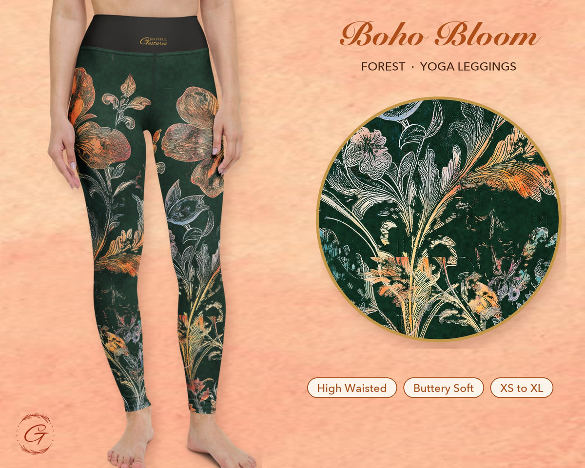 Forest Green Boho Floral Leggings for Women, Peach Flower Yoga Pants, High Waisted Workout Leggings, Botanical Print Gift for Her