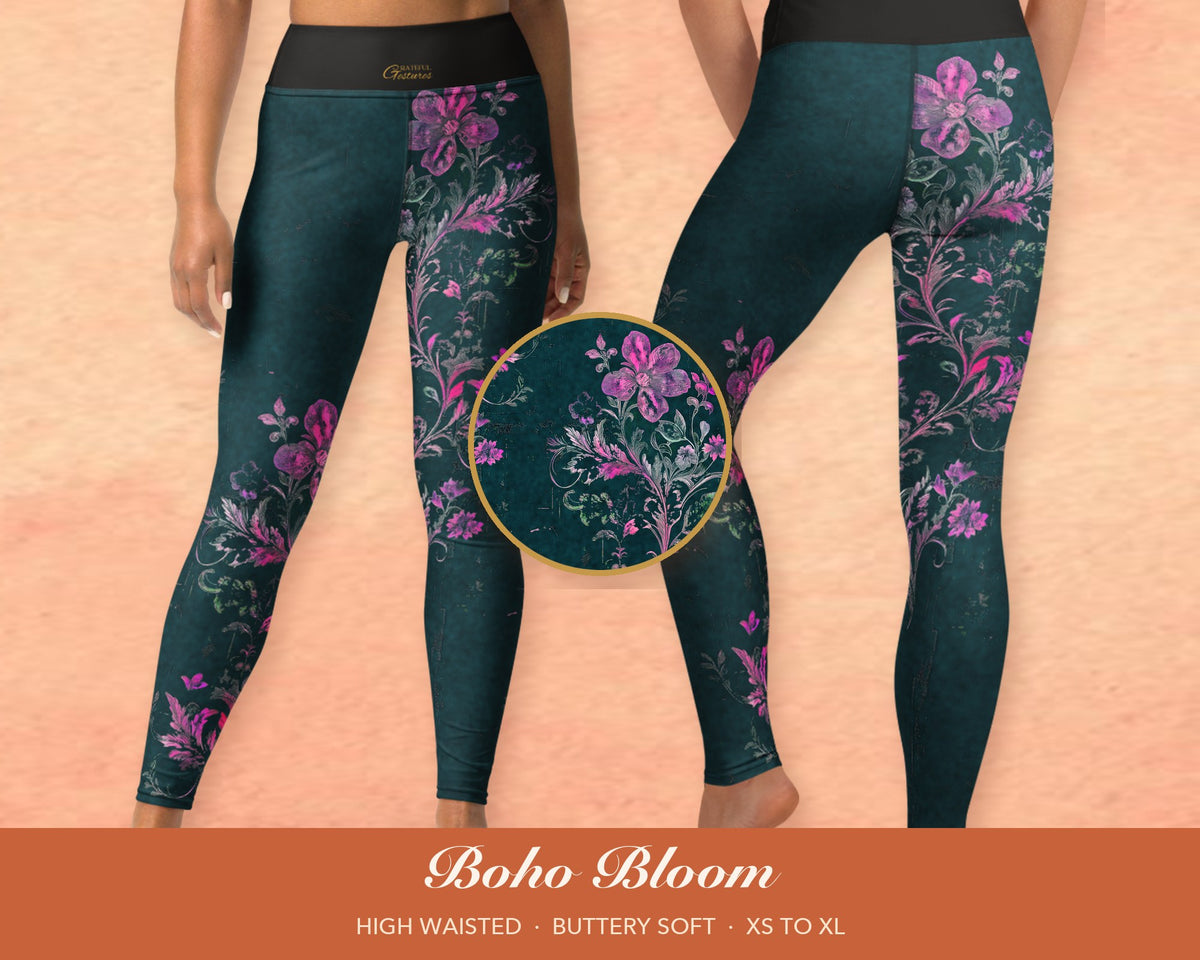 Teal Boho Floral Leggings for Women, Pink Flower Yoga Pants, High Waisted Workout Leggings, Botanical Print Gift for Her