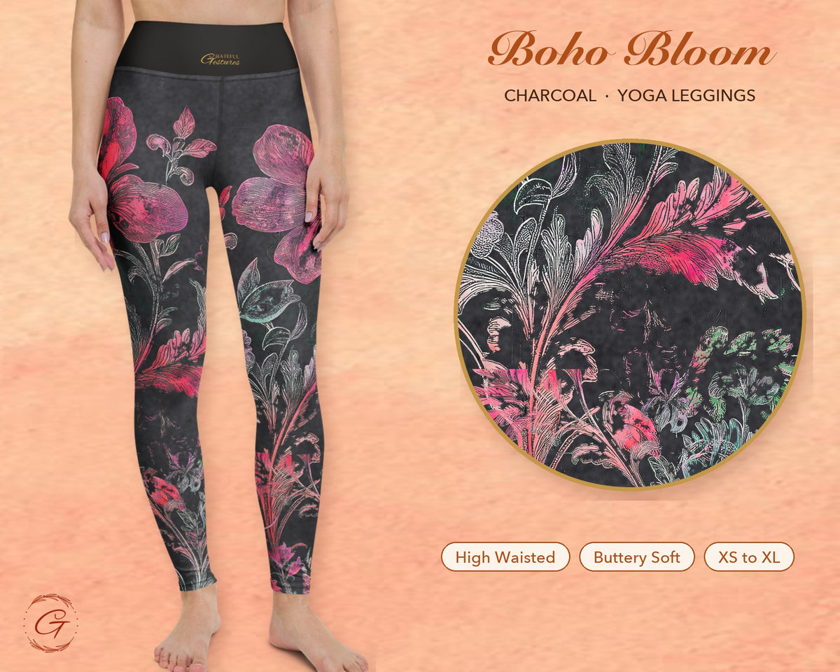 Charcoal Boho Floral Leggings for Women, Rose Pink Flower Yoga Pants, High Waisted Workout Leggings, Botanical Print Gift for Her