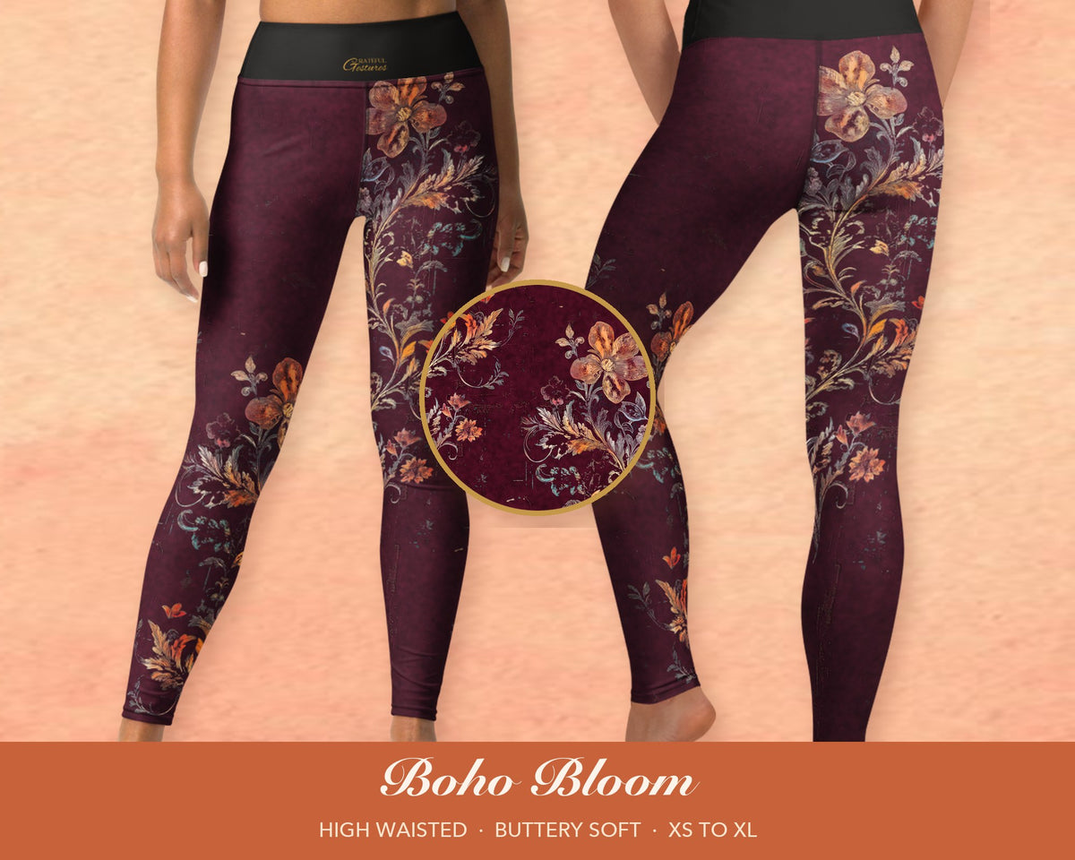 Burgundy Boho Floral Leggings for Women, Autumn Flower Yoga Pants, High Waisted Workout Leggings, Botanical Print Gift for Her