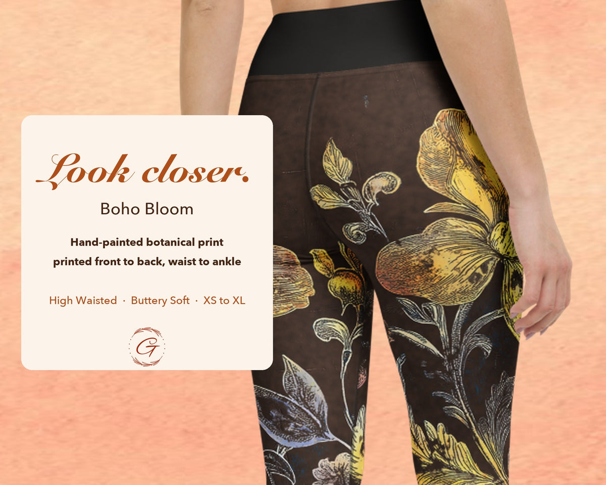 Brown Boho Floral Leggings for Women, Gold Flower Yoga Pants, High Waisted Workout Leggings, Botanical Print Gift for Her