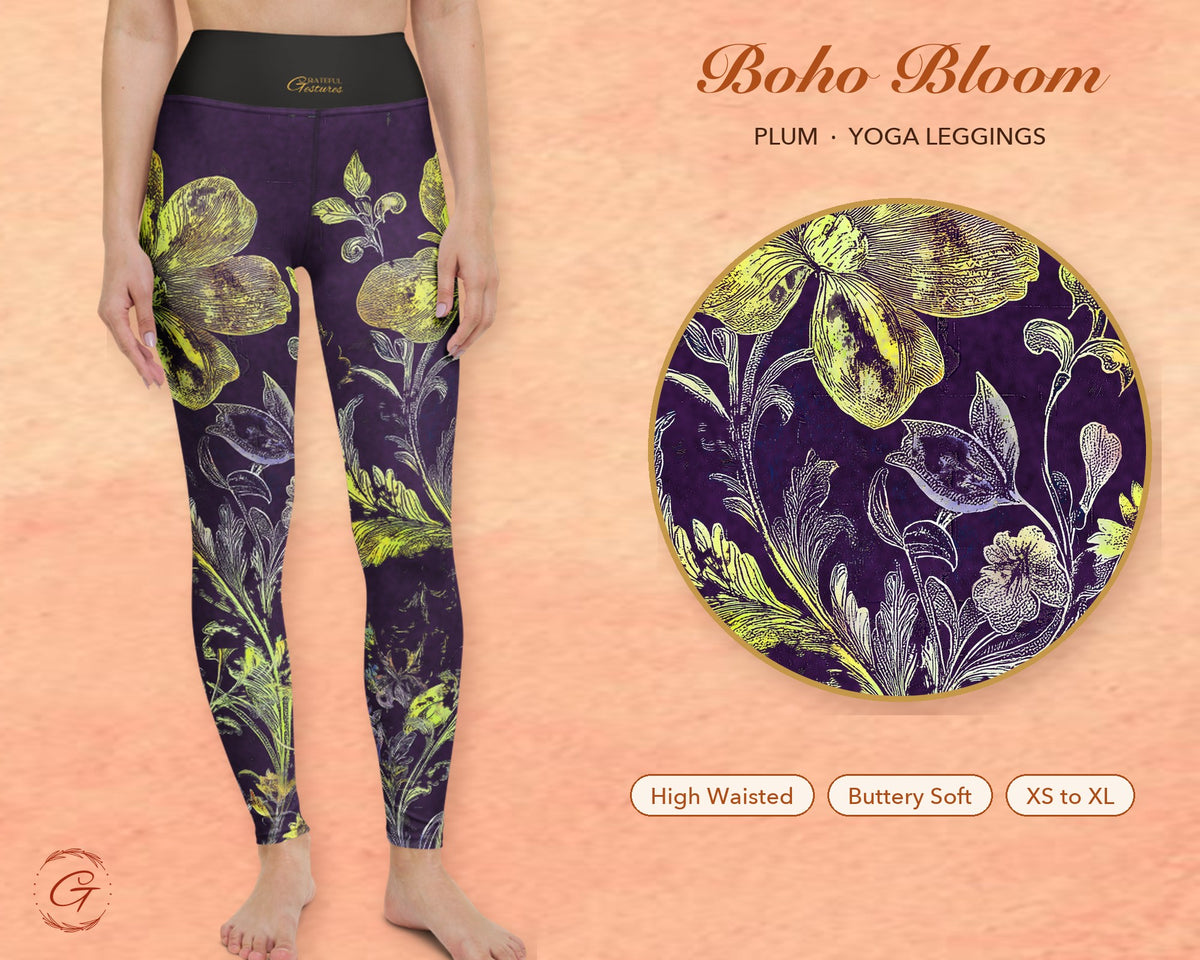 Purple Boho Floral Leggings for Women, Gold Flower Yoga Pants, High Waisted Workout Leggings, Botanical Print Gift for Her