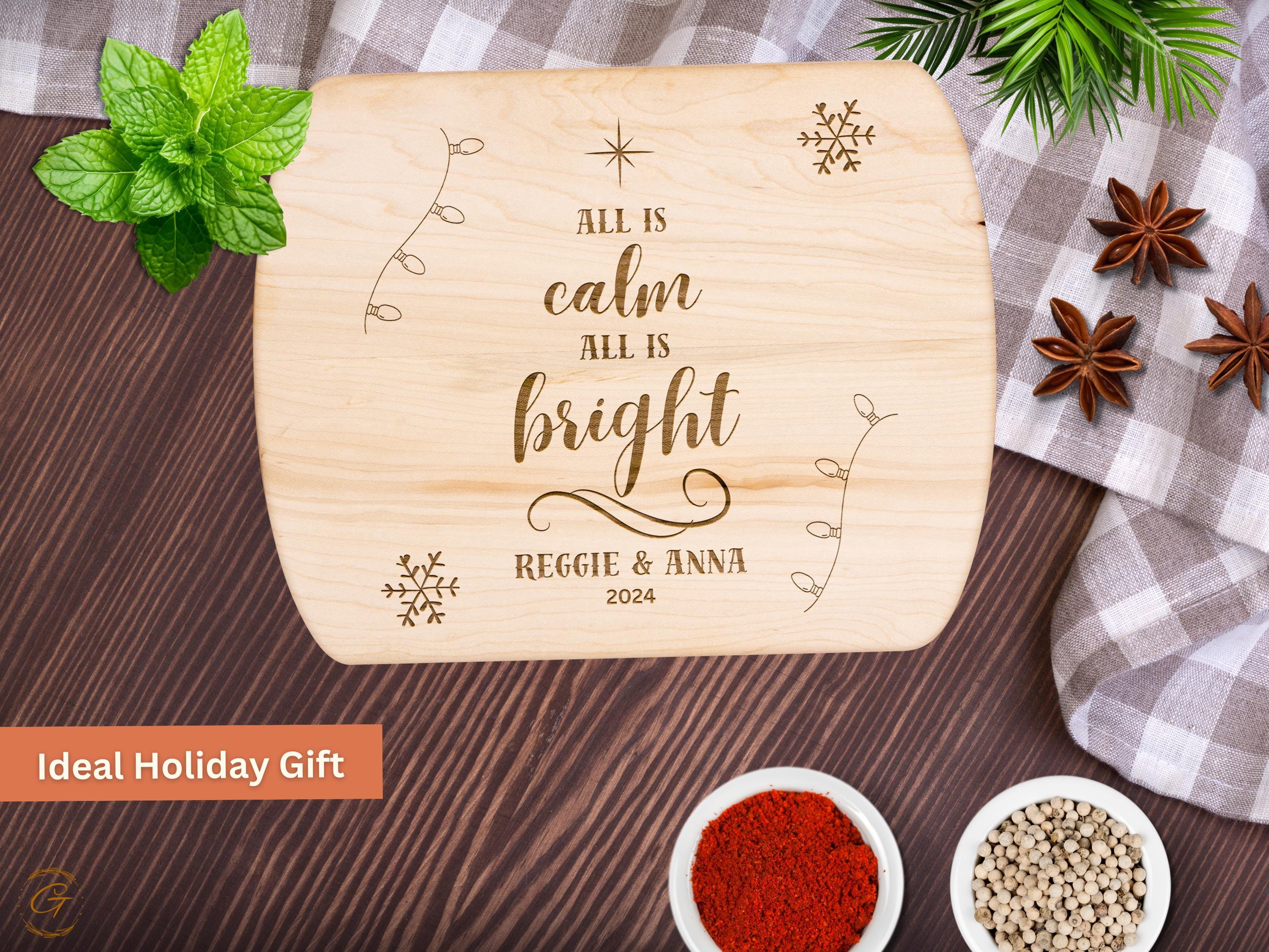 Personalized Hardwood Oval Cutting Board - All Is Calm All Is Bright Xmas Decor- Custom Christmas Gift for Couples, Wedding, or Housewarming