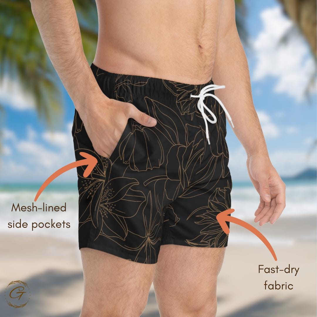 Black and Gold Floral AOP Swim Trunks