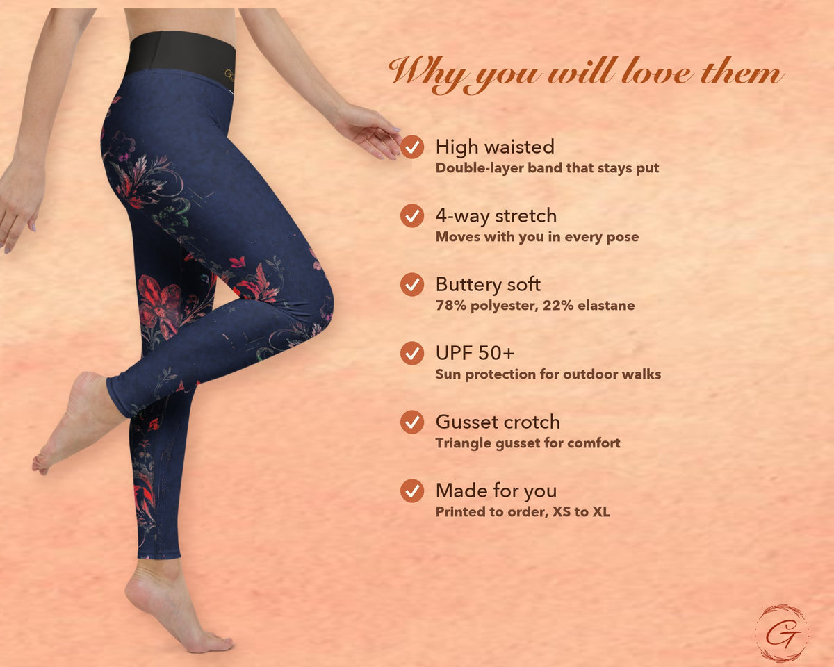 Navy Boho Floral Leggings for Women, Pink Flower Yoga Pants, High Waisted Workout Leggings, Botanical Print Gift for Her