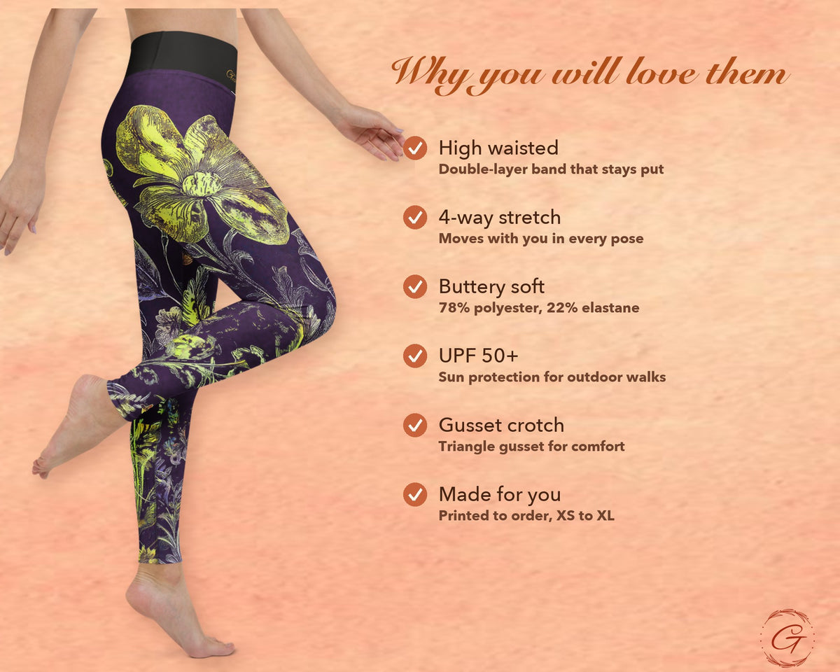 Purple Boho Floral Leggings for Women, Gold Flower Yoga Pants, High Waisted Workout Leggings, Botanical Print Gift for Her