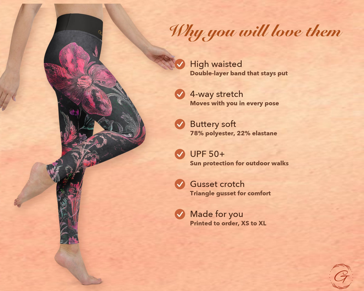 Charcoal Boho Floral Leggings for Women, Rose Pink Flower Yoga Pants, High Waisted Workout Leggings, Botanical Print Gift for Her