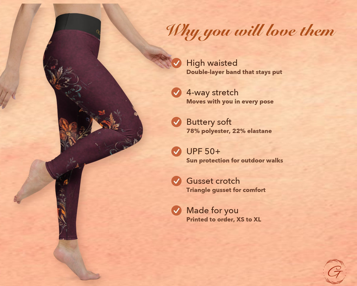 Burgundy Boho Floral Leggings for Women, Autumn Flower Yoga Pants, High Waisted Workout Leggings, Botanical Print Gift for Her