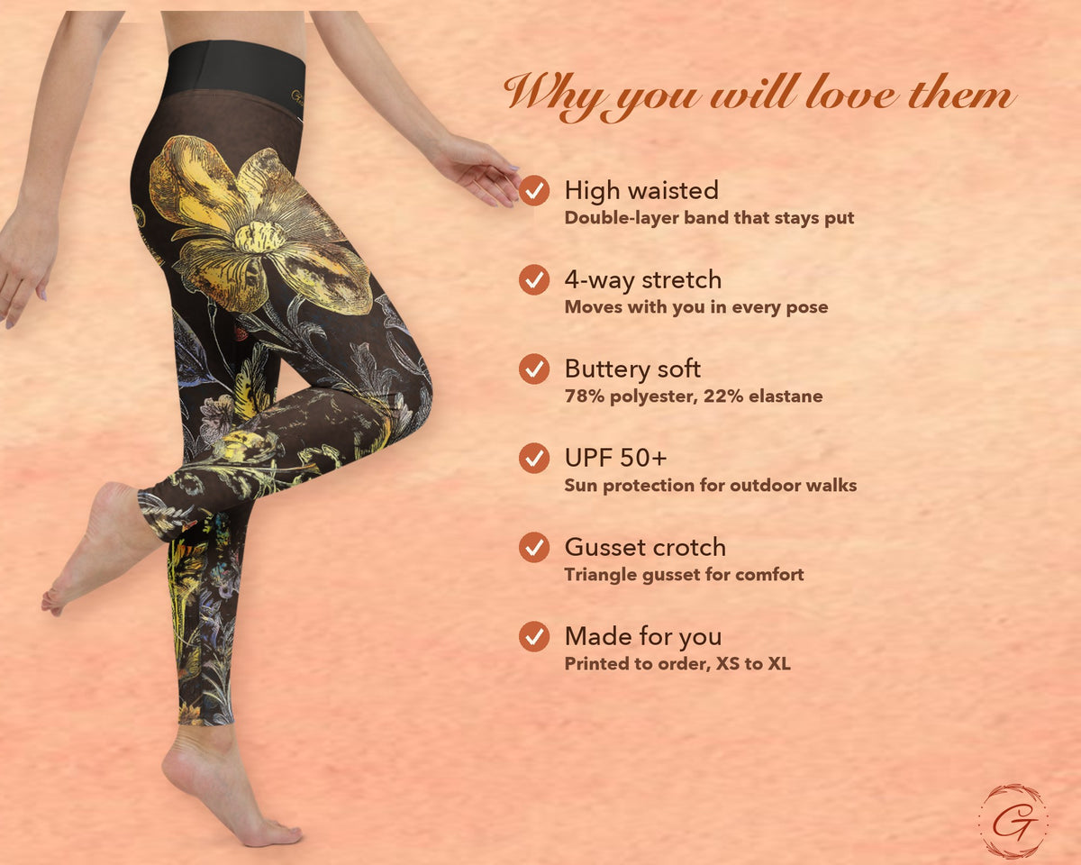 Brown Boho Floral Leggings for Women, Gold Flower Yoga Pants, High Waisted Workout Leggings, Botanical Print Gift for Her