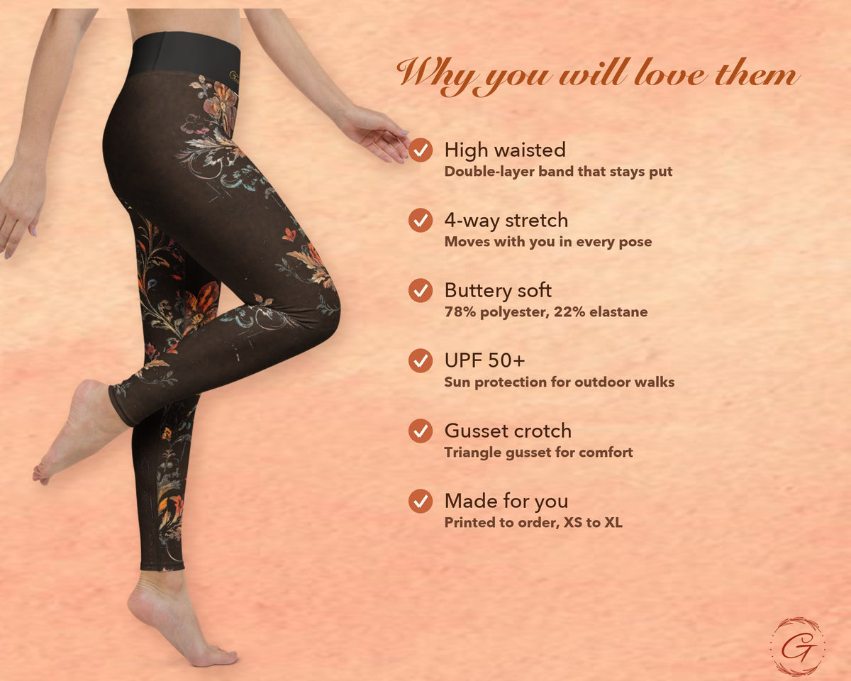 Brown Boho Floral Leggings for Women, Autumn Flower Yoga Pants, High Waisted Workout Leggings, Botanical Print Gift for Her