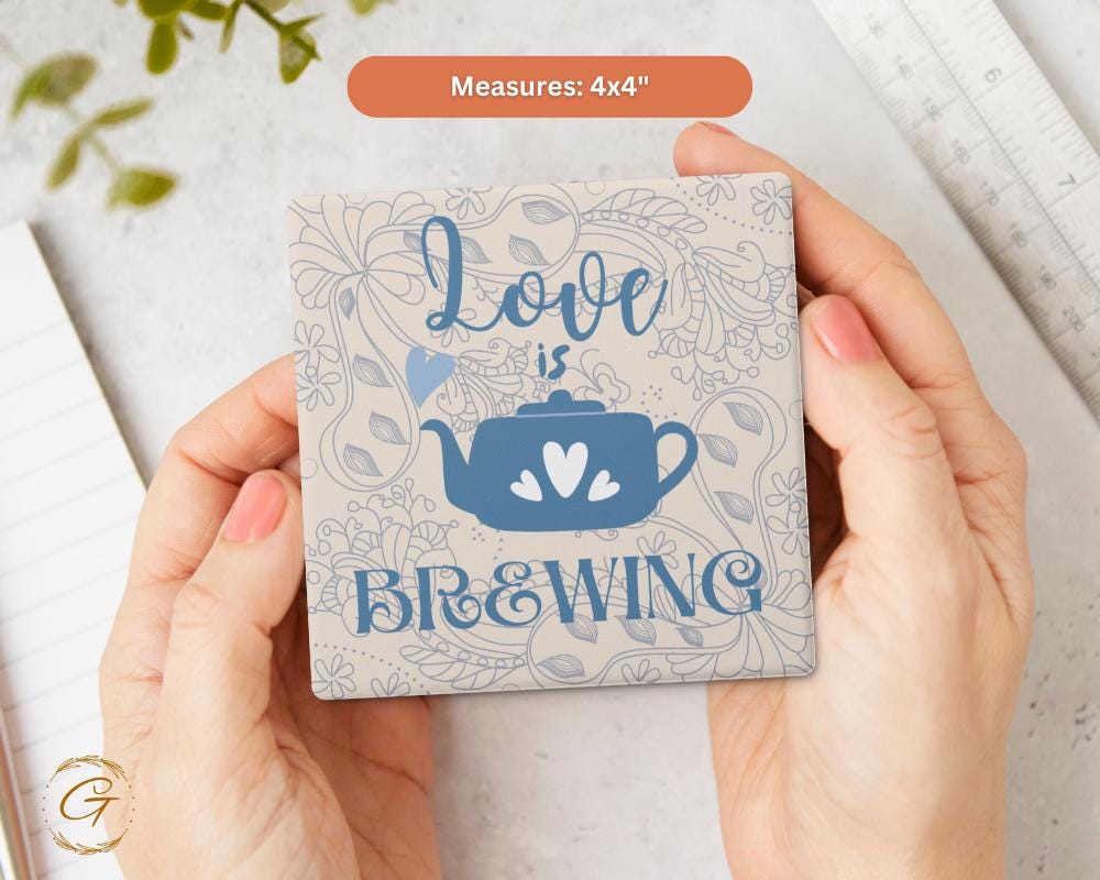 Soapstone Coaster with Love Is Brewing Design Cork Backing Perfect for Coffee Lovers Cute Gift Idea Home Decor, Stylish Drinkware Accessory