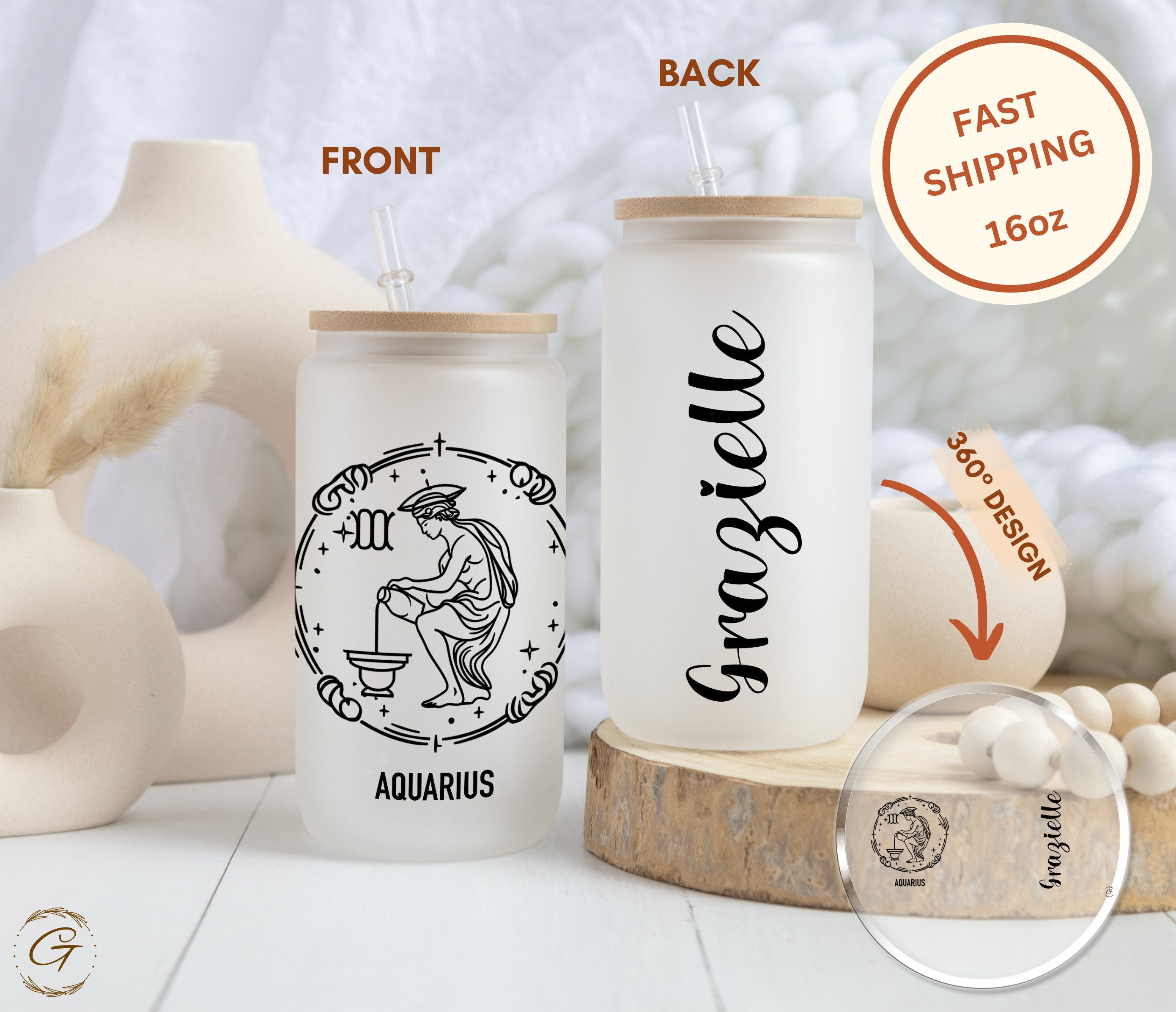 Aquarius Zodiac Sign Frosted Glass Cup
