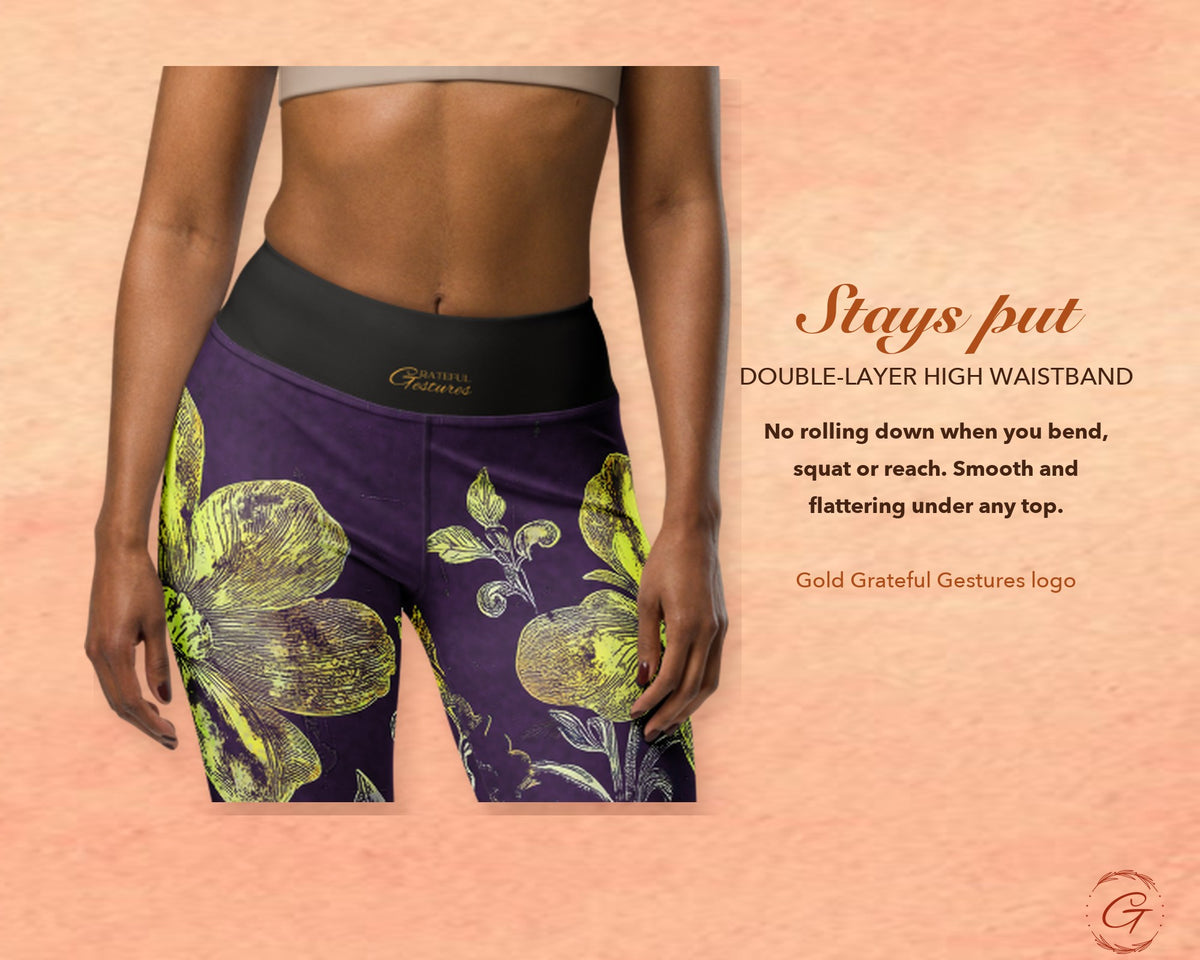 Purple Boho Floral Leggings for Women, Gold Flower Yoga Pants, High Waisted Workout Leggings, Botanical Print Gift for Her
