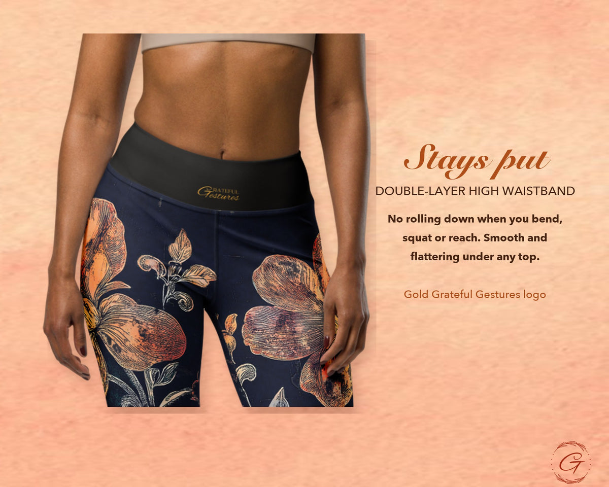 Midnight Blue Boho Floral Leggings for Women, Gold Flower Yoga Pants, High Waisted Workout Leggings, Botanical Print Gift for Her
