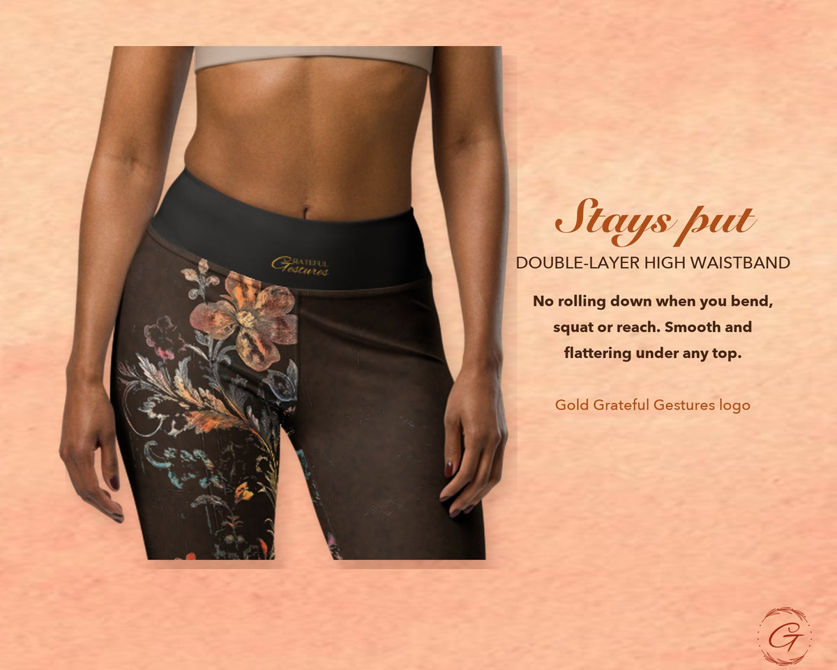 Brown Boho Floral Leggings for Women, Autumn Flower Yoga Pants, High Waisted Workout Leggings, Botanical Print Gift for Her