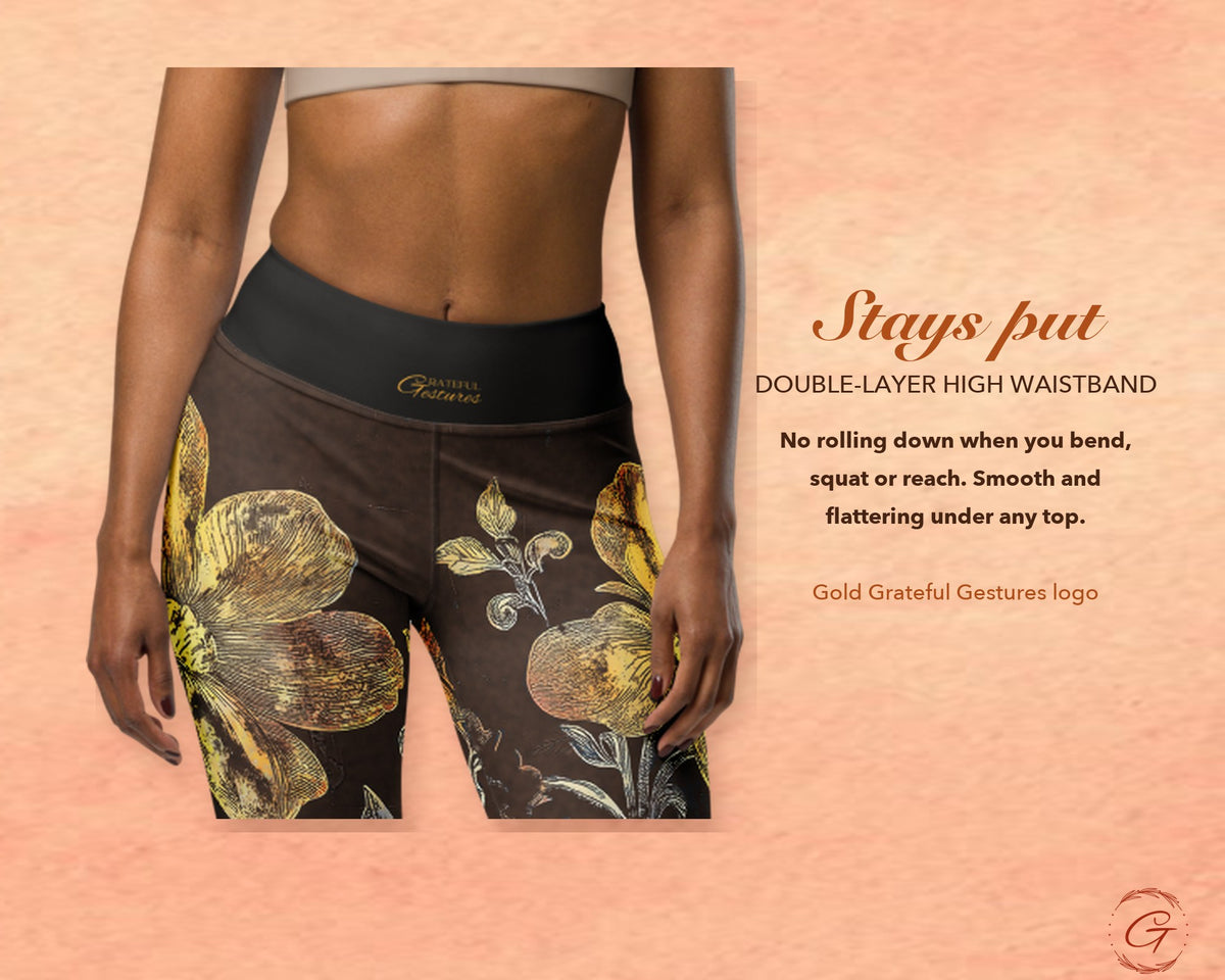 Brown Boho Floral Leggings for Women, Gold Flower Yoga Pants, High Waisted Workout Leggings, Botanical Print Gift for Her