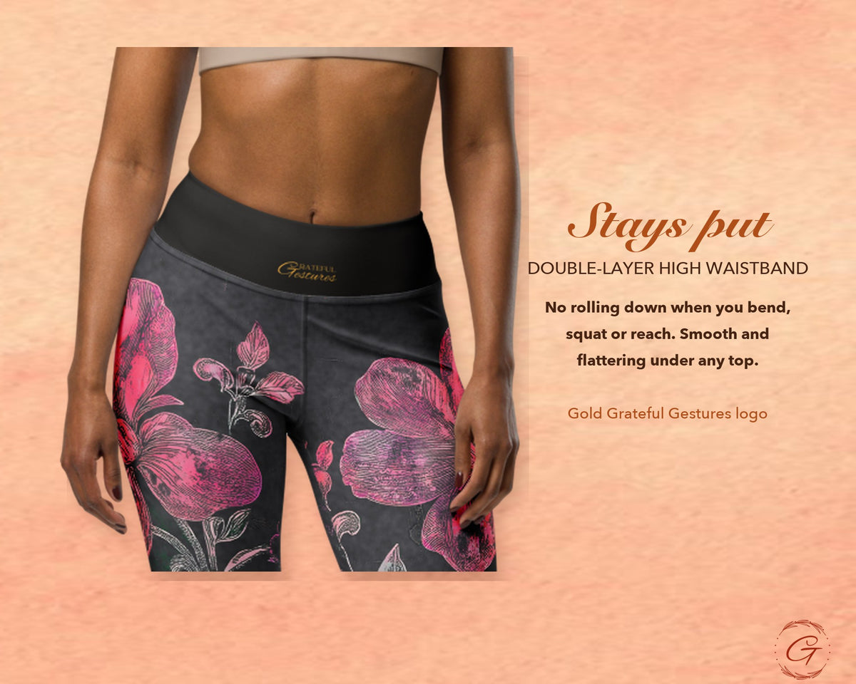 Charcoal Boho Floral Leggings for Women, Rose Pink Flower Yoga Pants, High Waisted Workout Leggings, Botanical Print Gift for Her