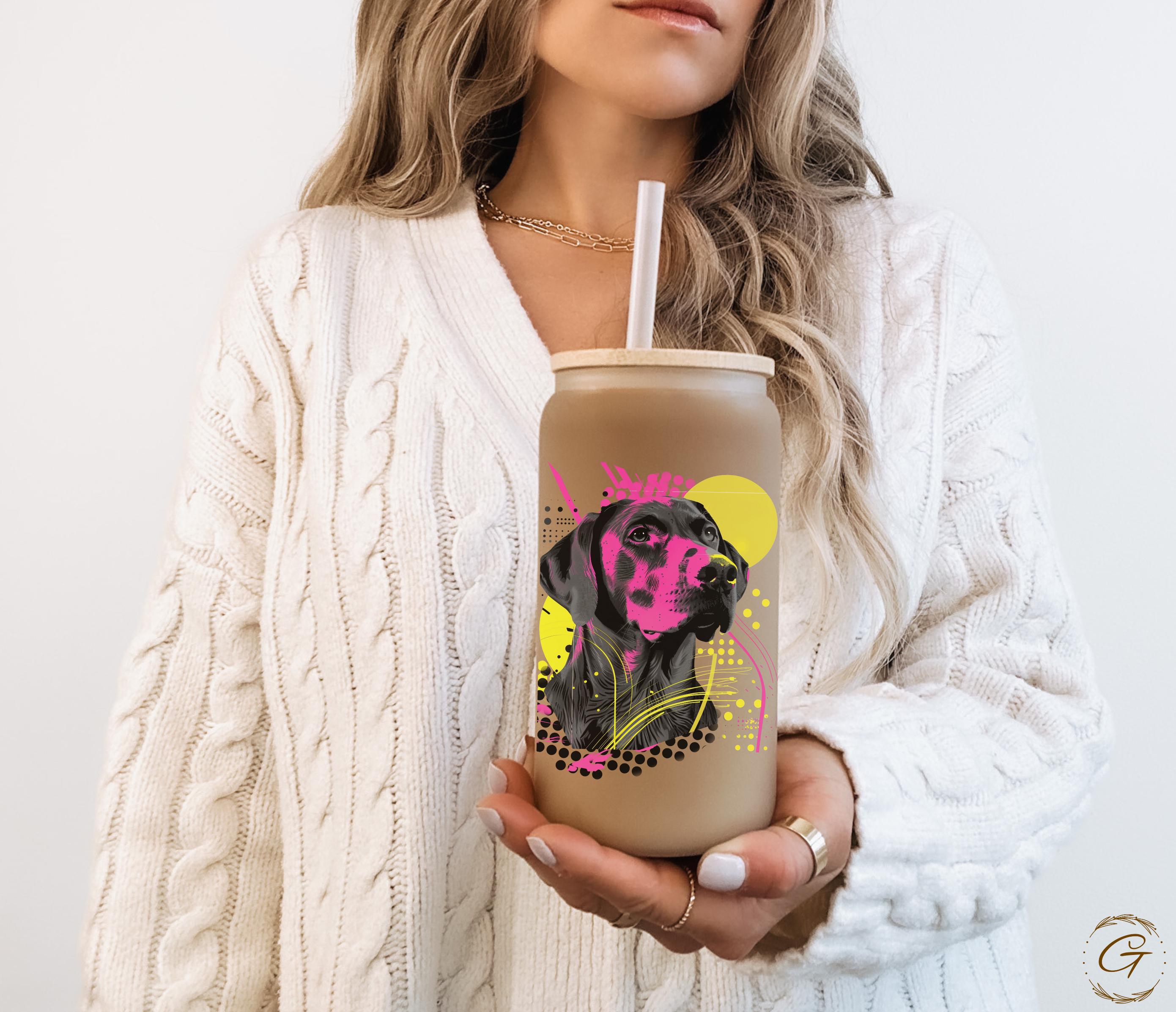 Dog Art Neon Colored Design Frosted Glass Cup