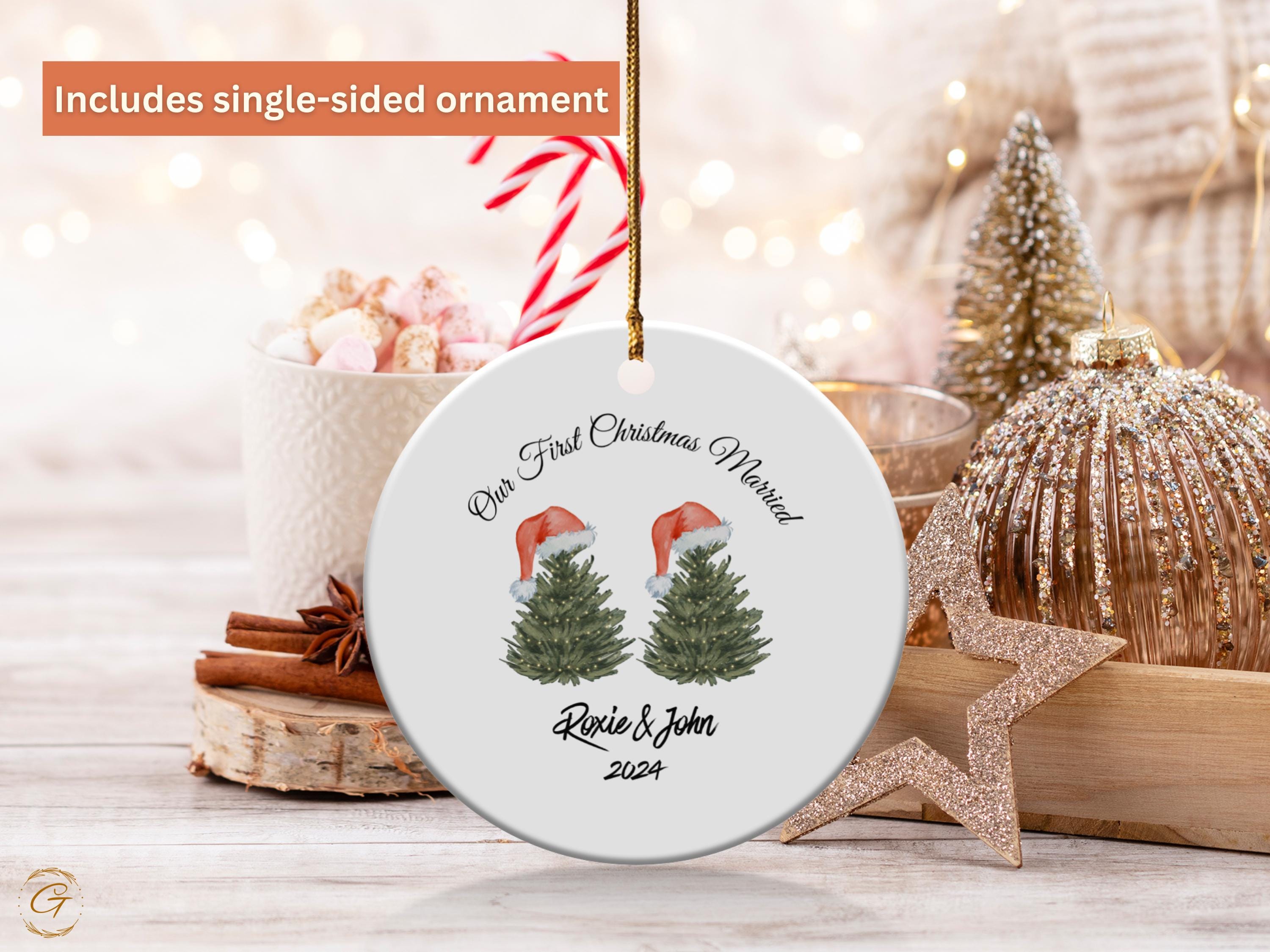 Personalized First Christmas Married Ornament, Anniversary Keepsake Gift, Christmas Tree Design with Santa Hats 24 Edition, Holiday Keepsake