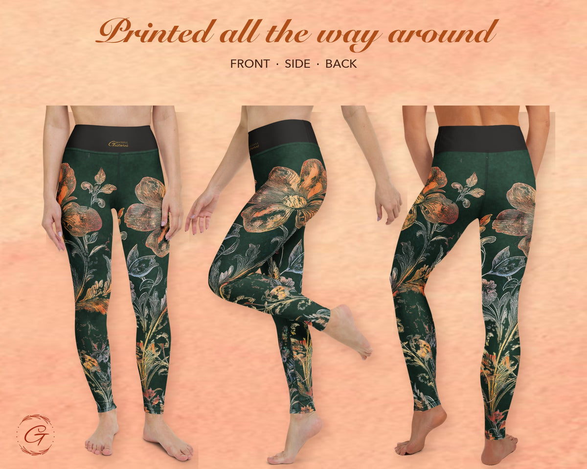Forest Green Boho Floral Leggings for Women, Peach Flower Yoga Pants, High Waisted Workout Leggings, Botanical Print Gift for Her