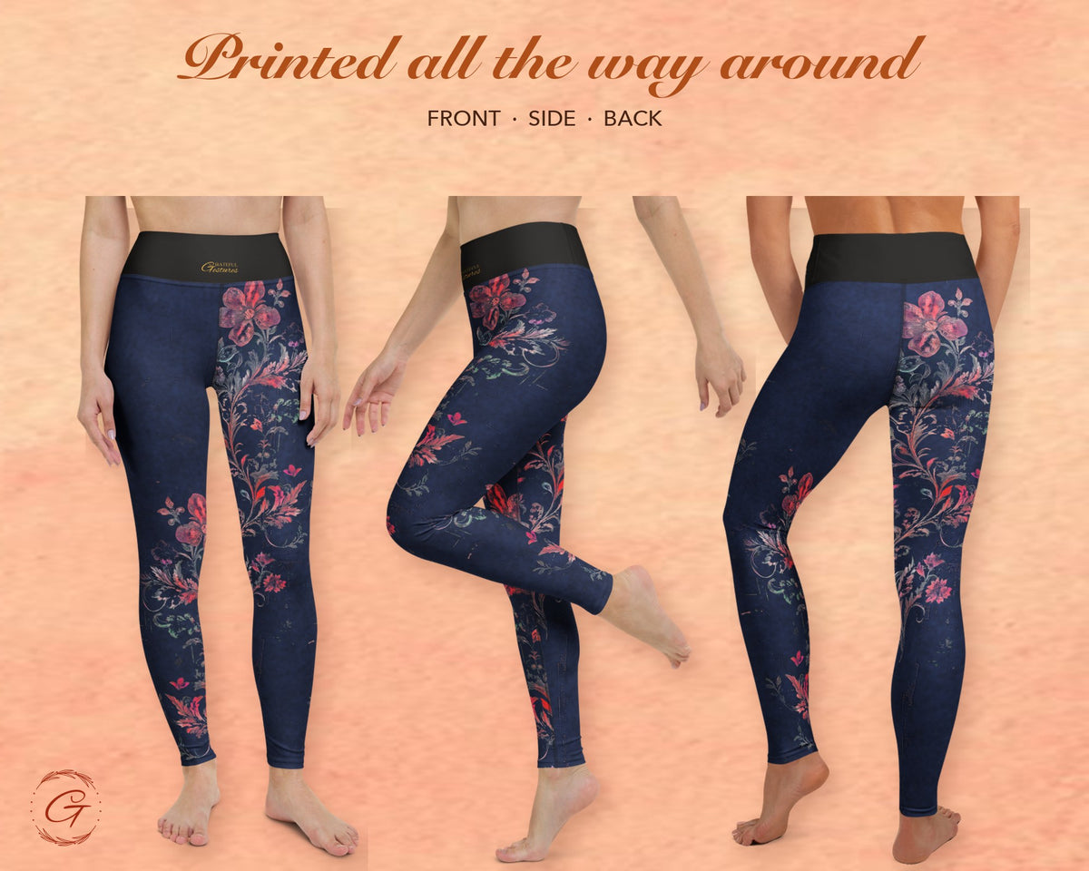 Navy Boho Floral Leggings for Women, Pink Flower Yoga Pants, High Waisted Workout Leggings, Botanical Print Gift for Her