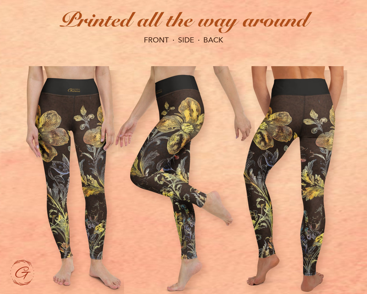 Brown Boho Floral Leggings for Women, Gold Flower Yoga Pants, High Waisted Workout Leggings, Botanical Print Gift for Her