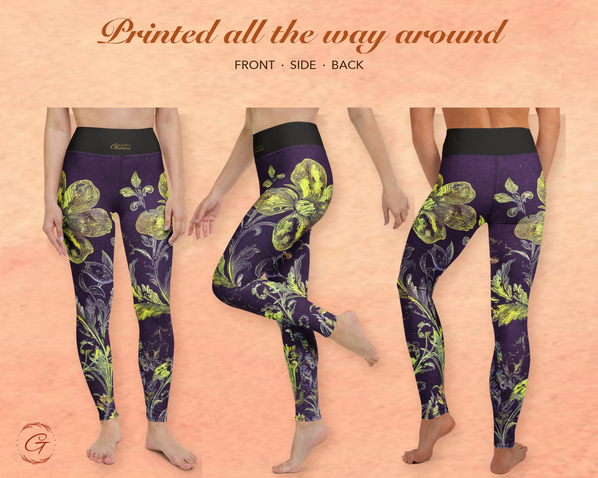Purple Boho Floral Leggings for Women, Gold Flower Yoga Pants, High Waisted Workout Leggings, Botanical Print Gift for Her