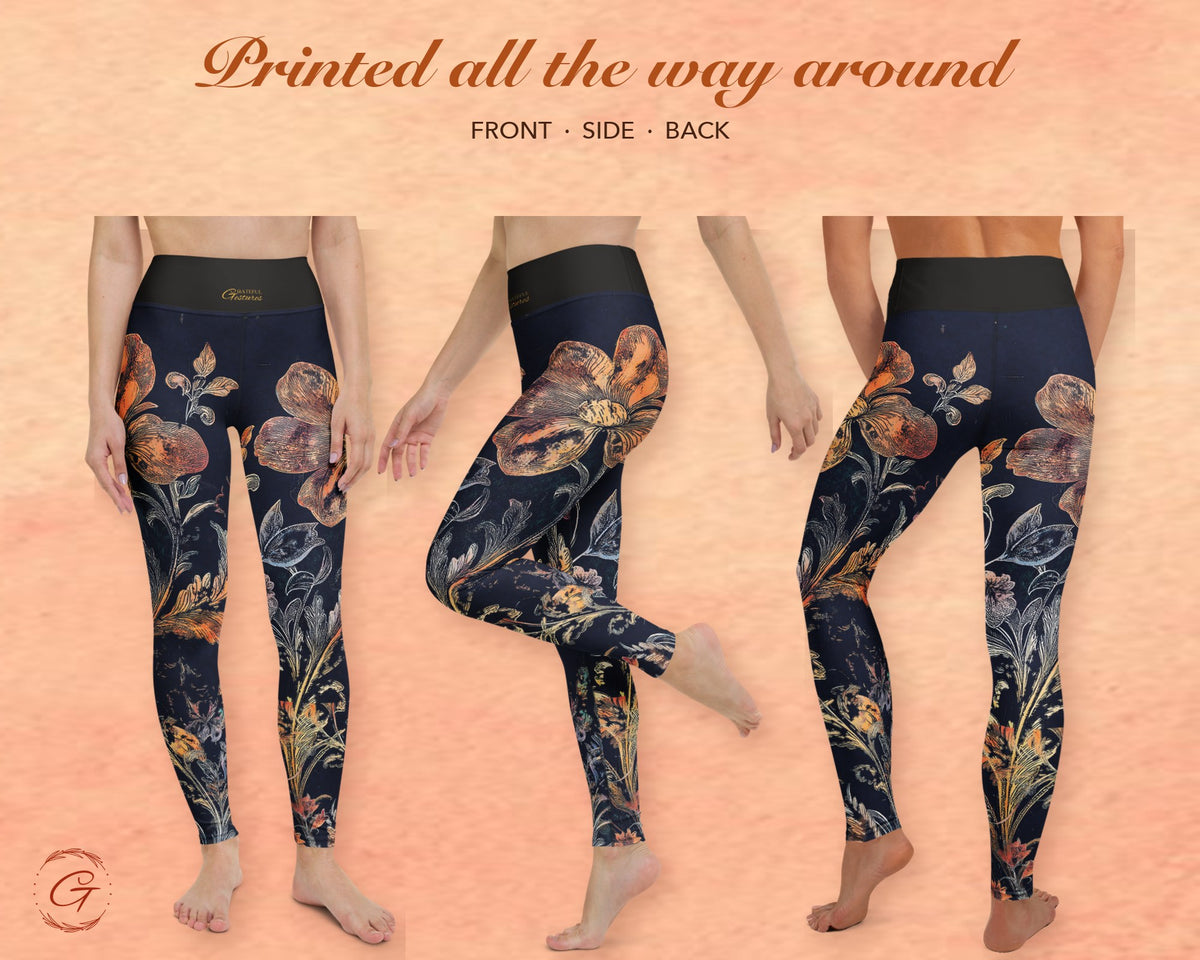 Midnight Blue Boho Floral Leggings for Women, Gold Flower Yoga Pants, High Waisted Workout Leggings, Botanical Print Gift for Her