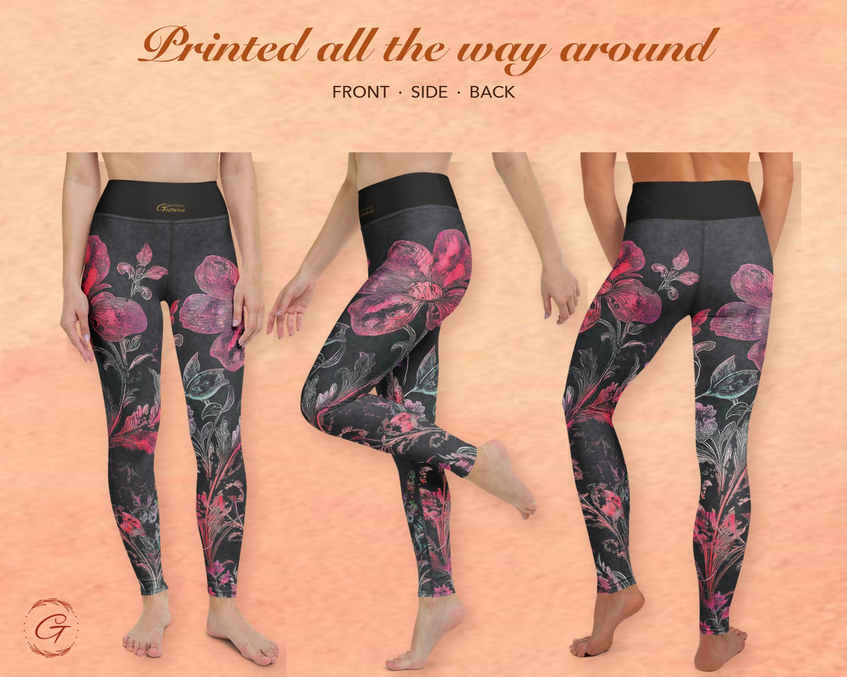 Charcoal Boho Floral Leggings for Women, Rose Pink Flower Yoga Pants, High Waisted Workout Leggings, Botanical Print Gift for Her
