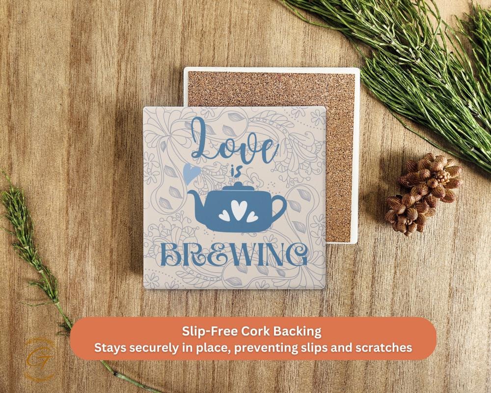 Soapstone Coaster with Love Is Brewing Design Cork Backing Perfect for Coffee Lovers Cute Gift Idea Home Decor, Stylish Drinkware Accessory